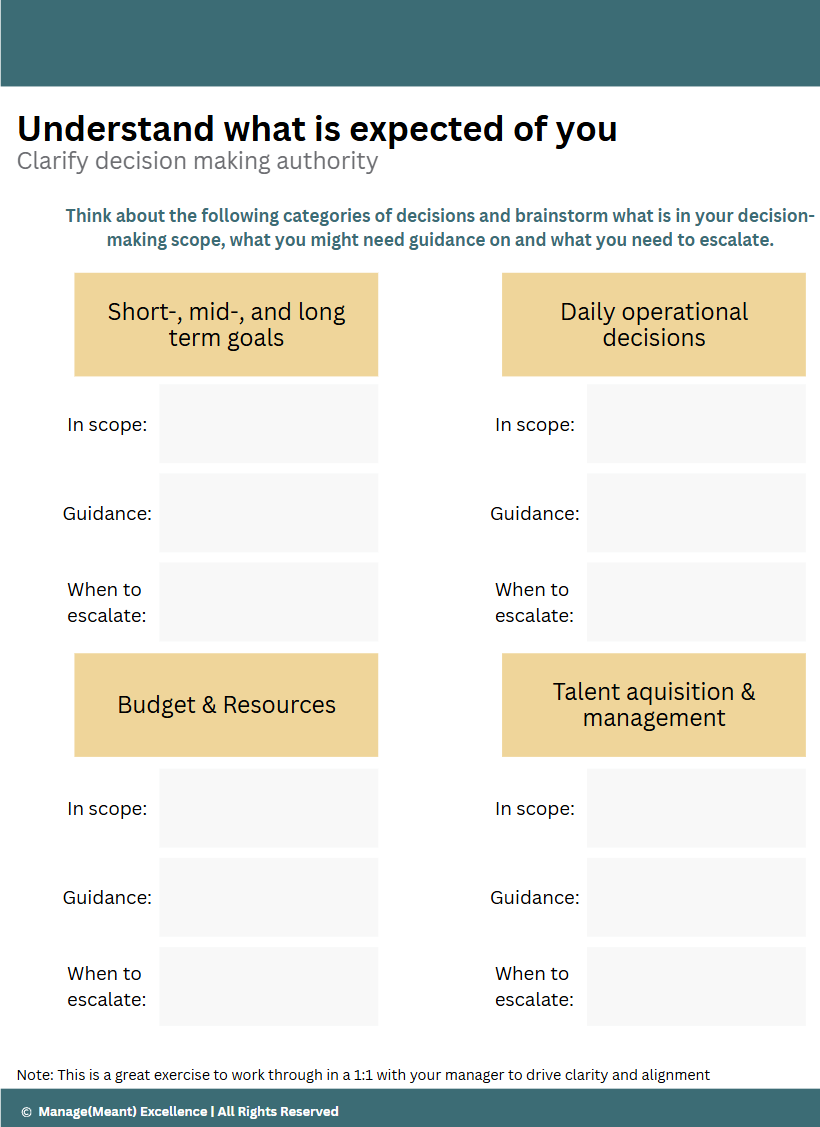 Sample page from the course workbook — clarifying decision-making authority